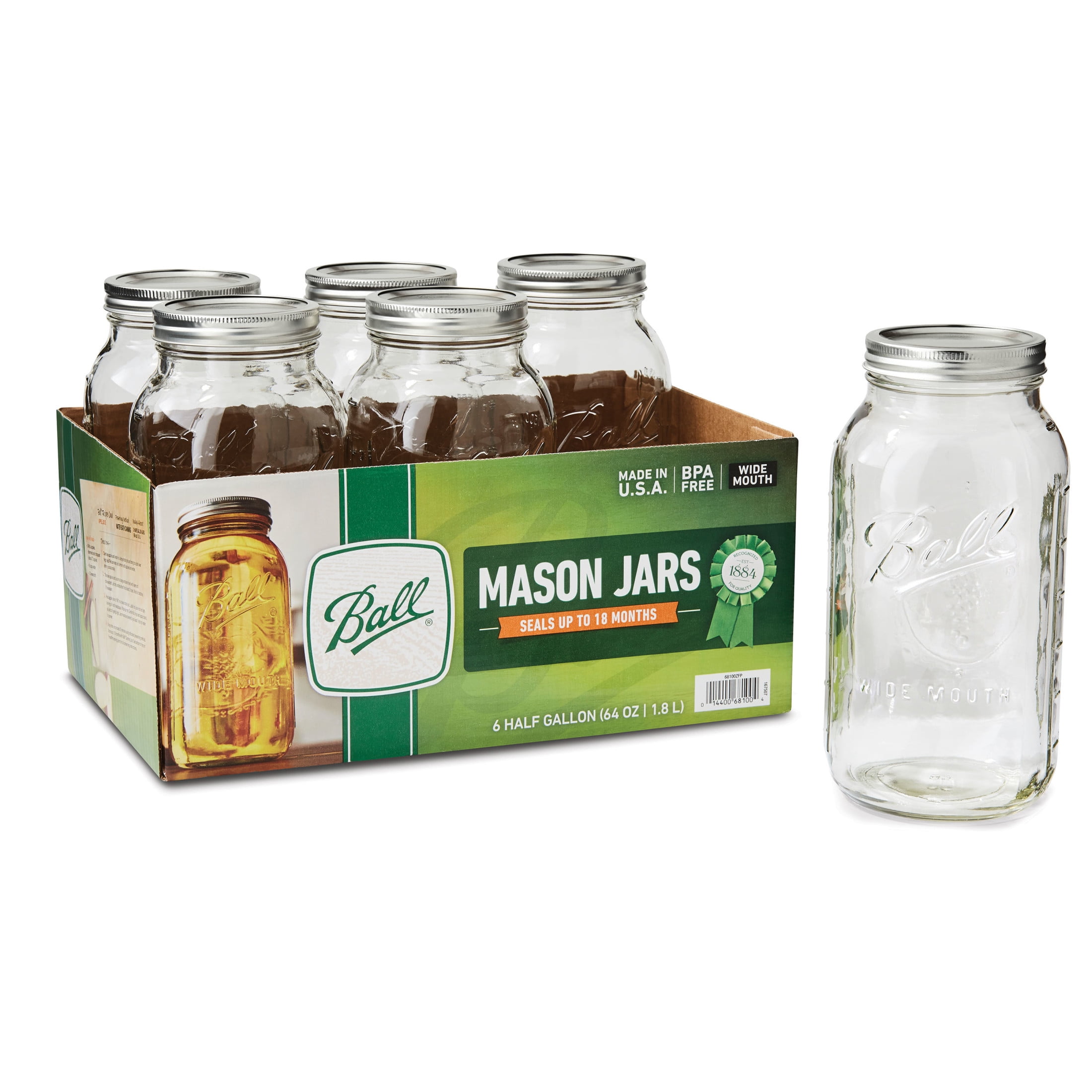 Ball Glass Mason Jar W/Lid & Band, Wide Mouth, 64 Ounces, 6 Count