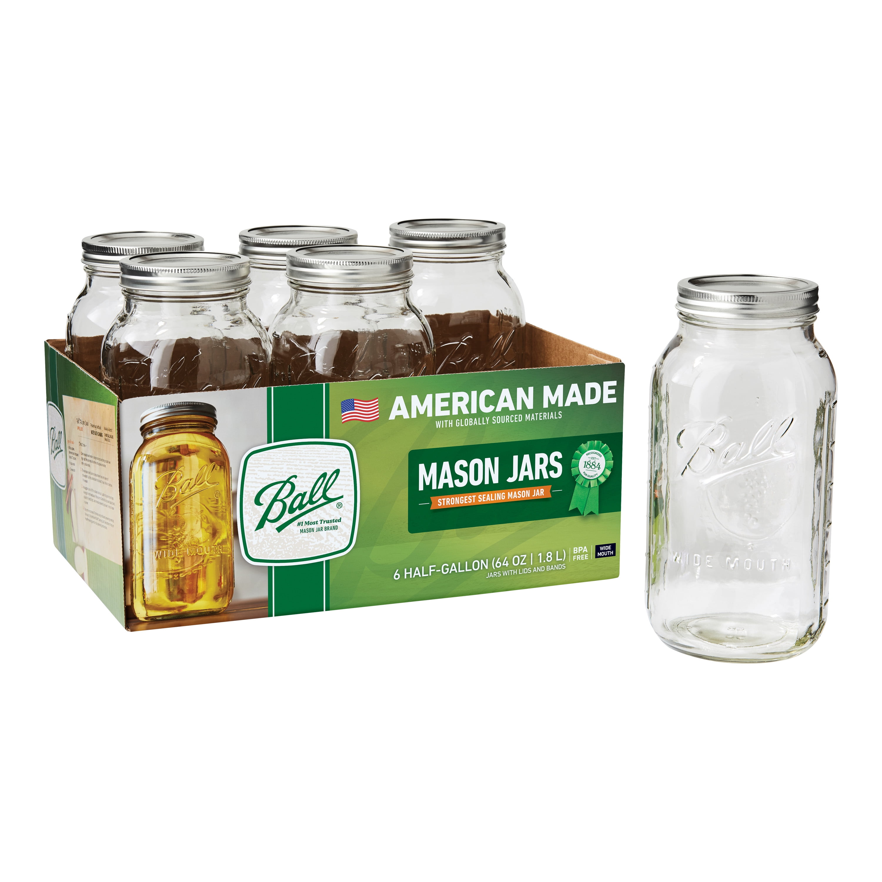 Ball Glass Mason Jar W/Lid & Band, Wide Mouth, 64 Ounces, 6 Count