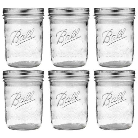 Ball Glass Mason Jar Wide Mouth with Lid and Band 16 oz Pint Preserves BPA Free Made in USA, 6-Pack