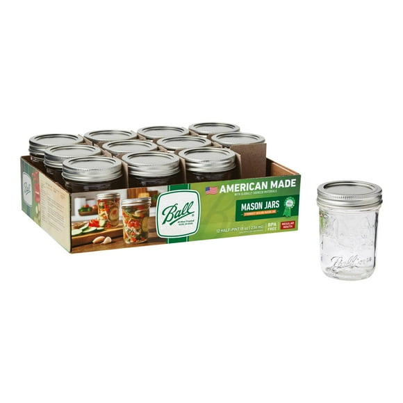 Ball 8 oz Mason Jars, Regular Mouth Half Pint Canning Jars with Lids and Rings, 12-Pack Small Glass Jars for Home Canning and Preserving