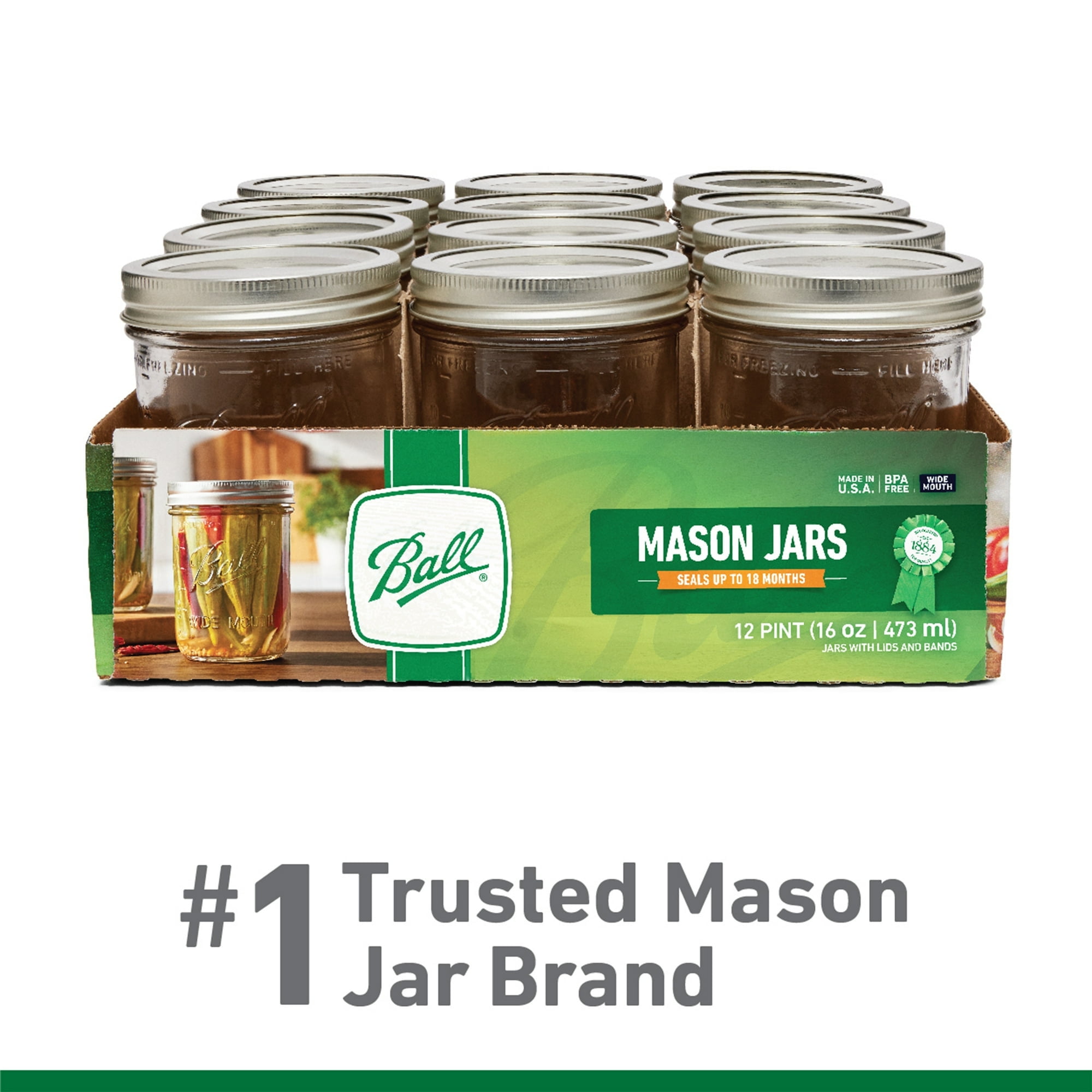 Ball, Glass Mason Jars with Lids & Bands, Wide Mouth, Clear, 16 oz, 12 Count - Walmart.com