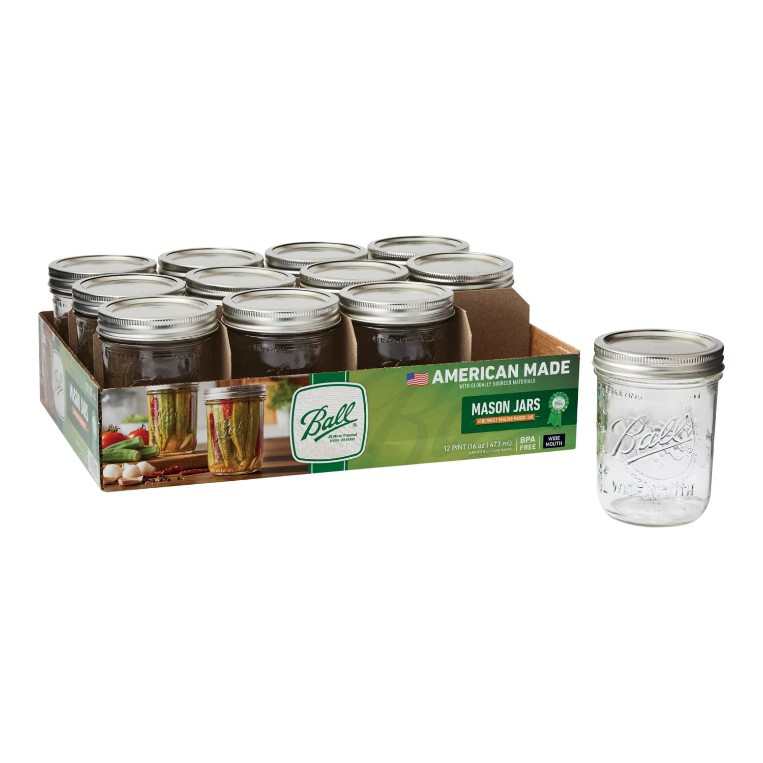 Ball 16 oz Mason Jars, Wide Mouth Pint Canning Jars with Lids and Rings, 12-Pack Glass Jars for Home Canning and Preserving