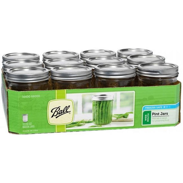 Ball, Glass Mason Jars with Lids & Bands, Wide Mouth, Clear, 16 oz, 12