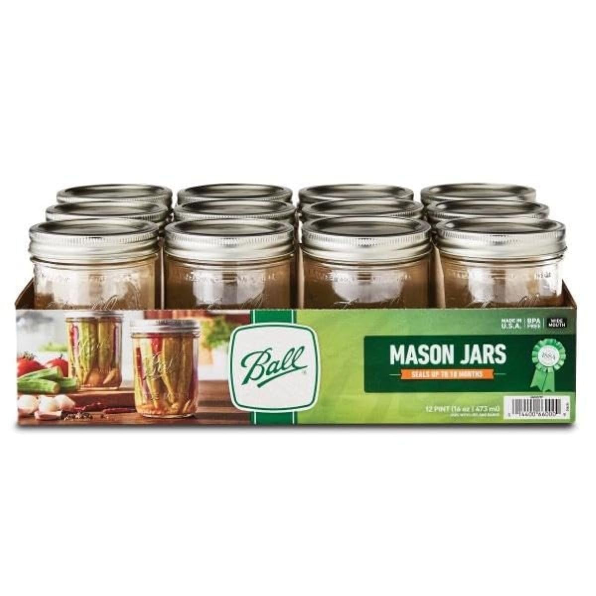 Ball 16 oz Mason Jars, 12-Pack Glass Jars for Home Canning and Preserving