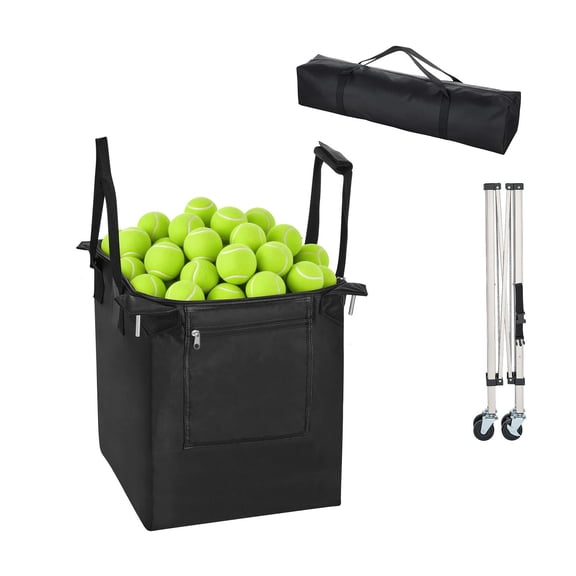 Ball Hopper Holds 200 Tennis/Pickleball/Basketballs, Foldable with Wheels, Stainless Steel, Storage Bag for Training