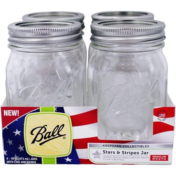 Ball Keepsake USA Stars and Stripes Regular Mouth Canning Jars 1 pt. 4 pk