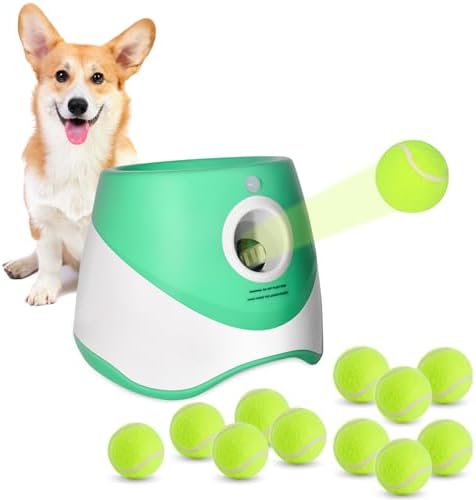 Automatic Dog Ball Launcher With 12 Tennis Balls – Adjustable Distance For Small Dogs, Indoor & Outdoor Play, Green