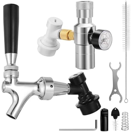 Ball Lock Keg Tap Faucet & Dual Hold Stable 0-60PSI CO2 Regulator Set, Stainless Steel Core Self-Closing Beer Faucet & Portable Beer Keg Regulator with Ball Lock Quick Disconnect for Homebrew
