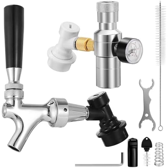 Ball Lock Keg Tap Faucet & Dual Hold Stable 0-60PSI CO2 Regulator Set, Stainless Steel Core Self-Closing Beer Faucet & Portable Beer Keg Regulator with Ball Lock Quick Disconnect for Homebrew