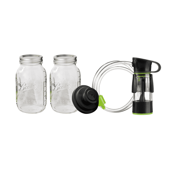 Ball Mason Jar Vacuum Sealer Kit with Handheld Sealer & Jar Seal Lids for Pantry Storage, and Emergency Homestead Preservation, Regular Mouth, Quart Size 32 OZ (inludes 2 Jars)