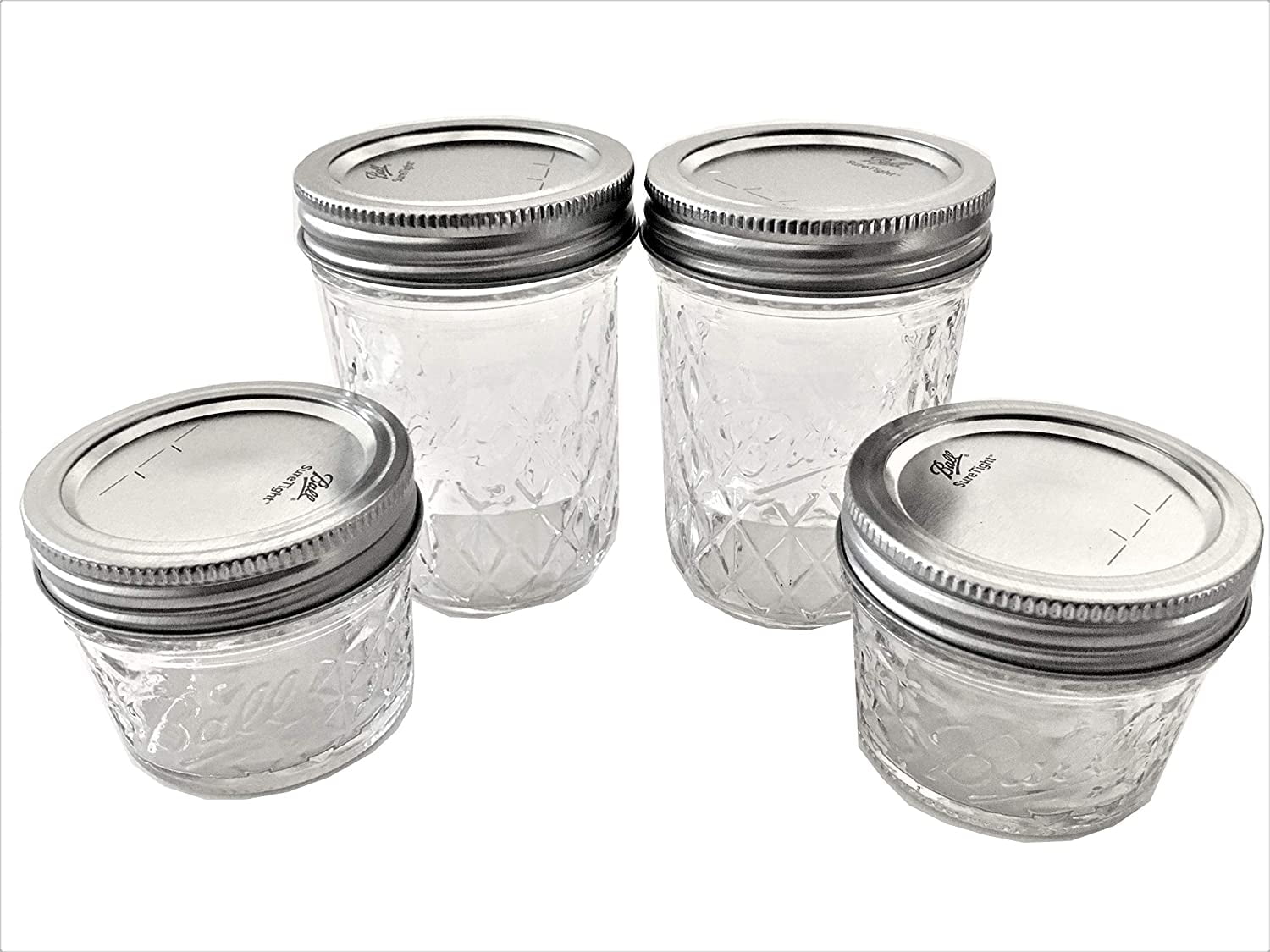 Ball Mason Jelly Jars-Two 8 oz, Two 4 oz.- Quilted Crystal Style