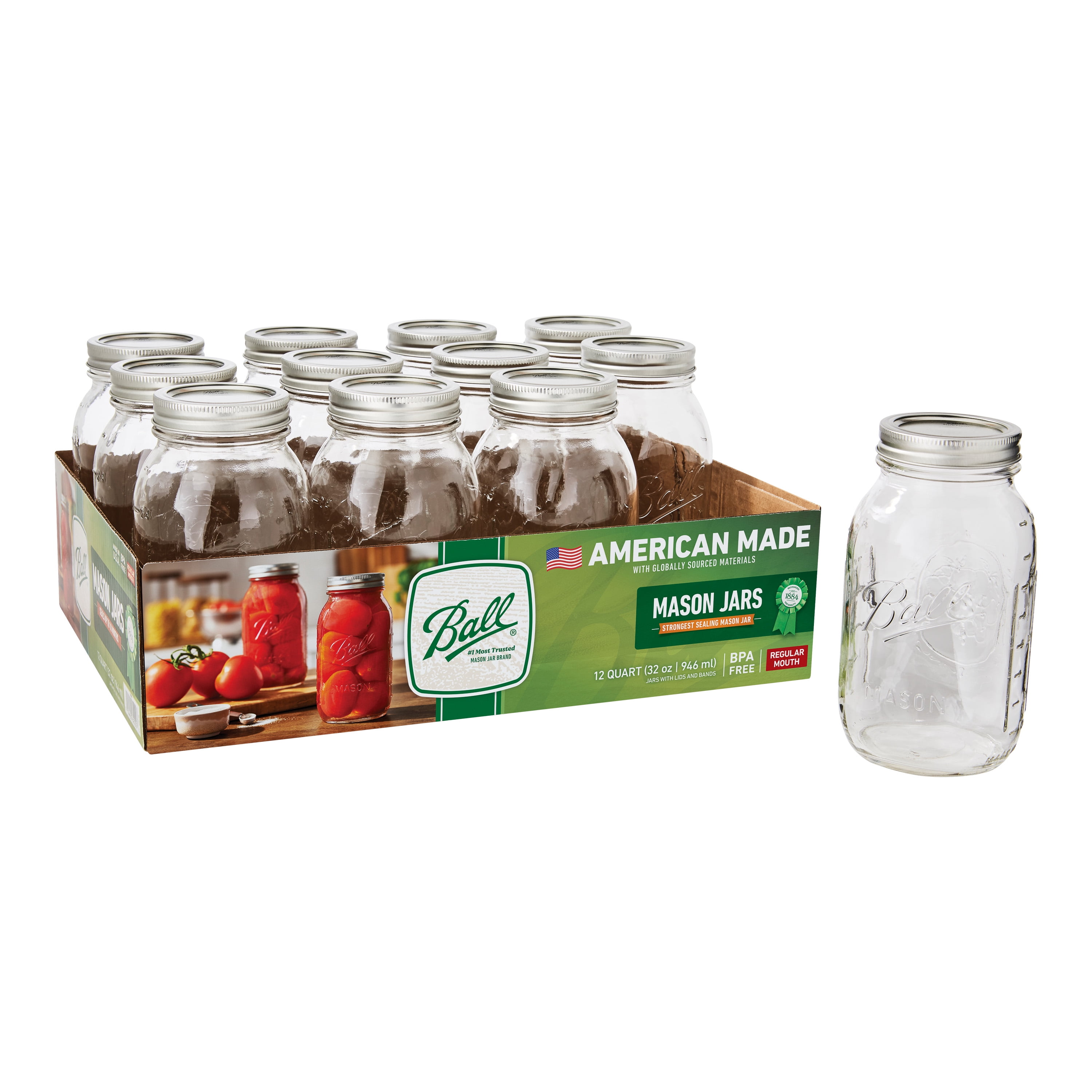 Ball Regular Mouth Quart 32-Oz. Glass Mason Jar with Lids and Bands, 12-Count