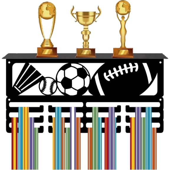 Ball Medal Holder Display Football Medal Hanger with Trophy Shelf Rugby Baseball Metal Award Rack for Wall Mount Decor Hanging 60+ Medals Rack for Awards Race Medalists Badminton 15.7x8x4in Black DIY