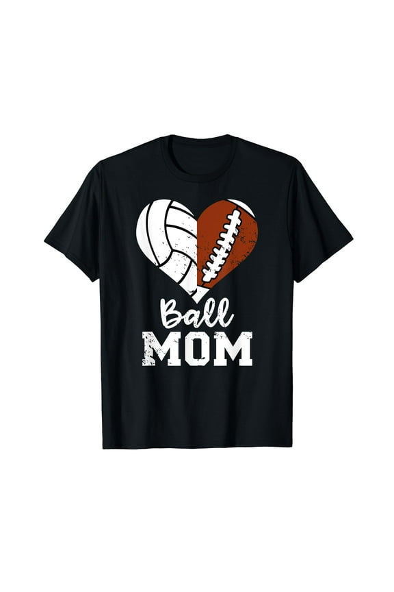 Ball Mom Heart Funny Football Volleyball Mom T-Shirt