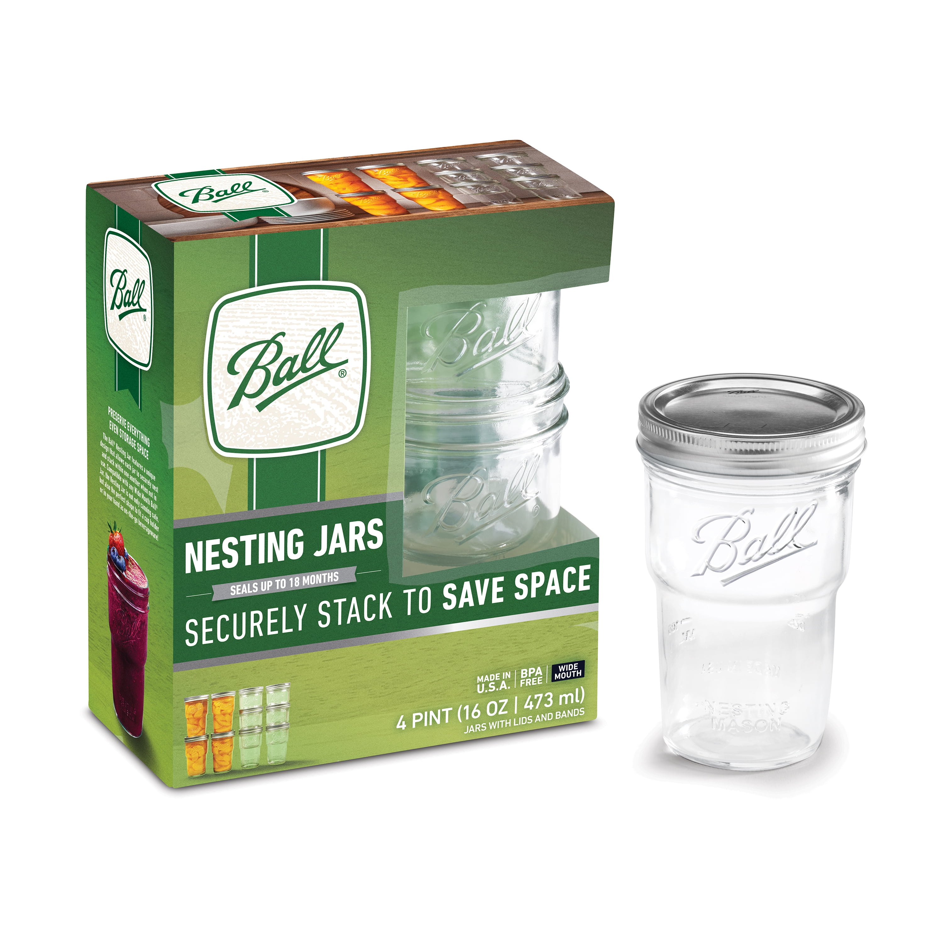 Ball Nesting Mason Jar Set with Lids & Bands for Canning or Drinkware, Wide Mouth, Pint, 4-Pack