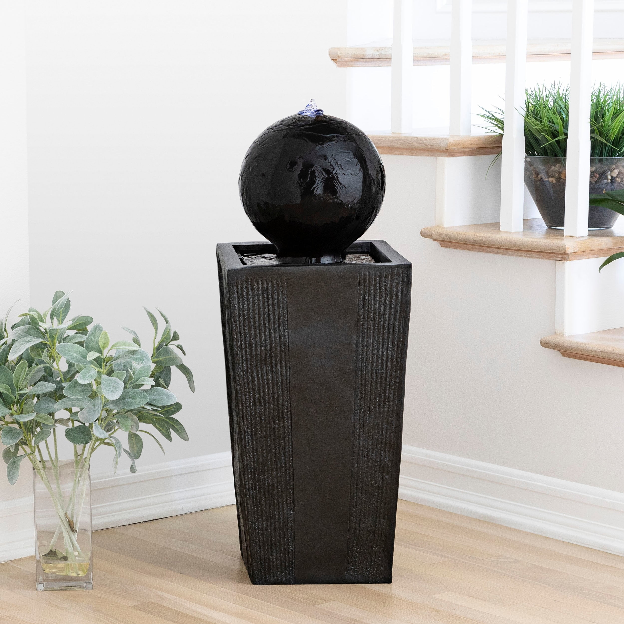 Black Polystone 33" Sphere Pedestal Water Fountain