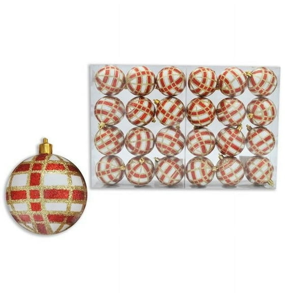 Ball Ornament with Red, White & Gold Plaid Design, White - Pack of 24