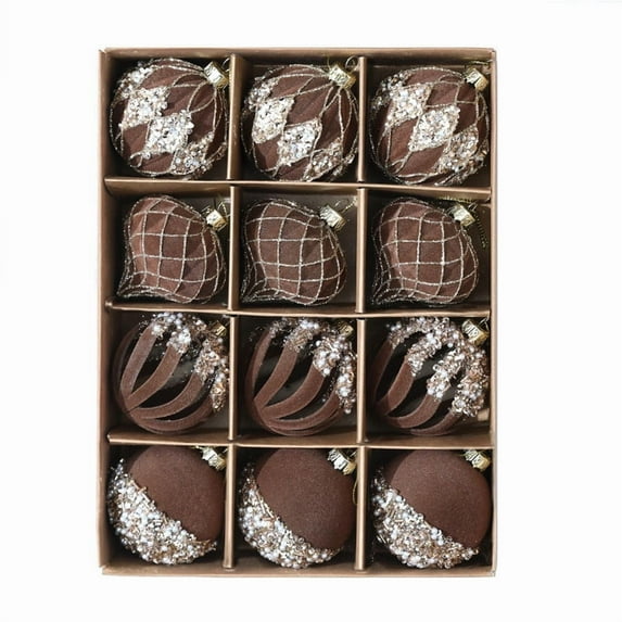 Ball Ornaments for Christmas Tree - 12Pc 6cm Hand-Painteds Flocked Hollow-Out Christmas Ball Set with Rhinestones Assorted Shapes Tree Decor Christmas Decorations