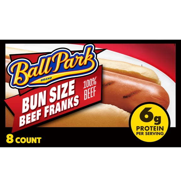 Ball Park Bun Length 100% Beef Hot Dogs, 15 oz, 8 Count, 6g Protein per Serving (Refrigerated)
