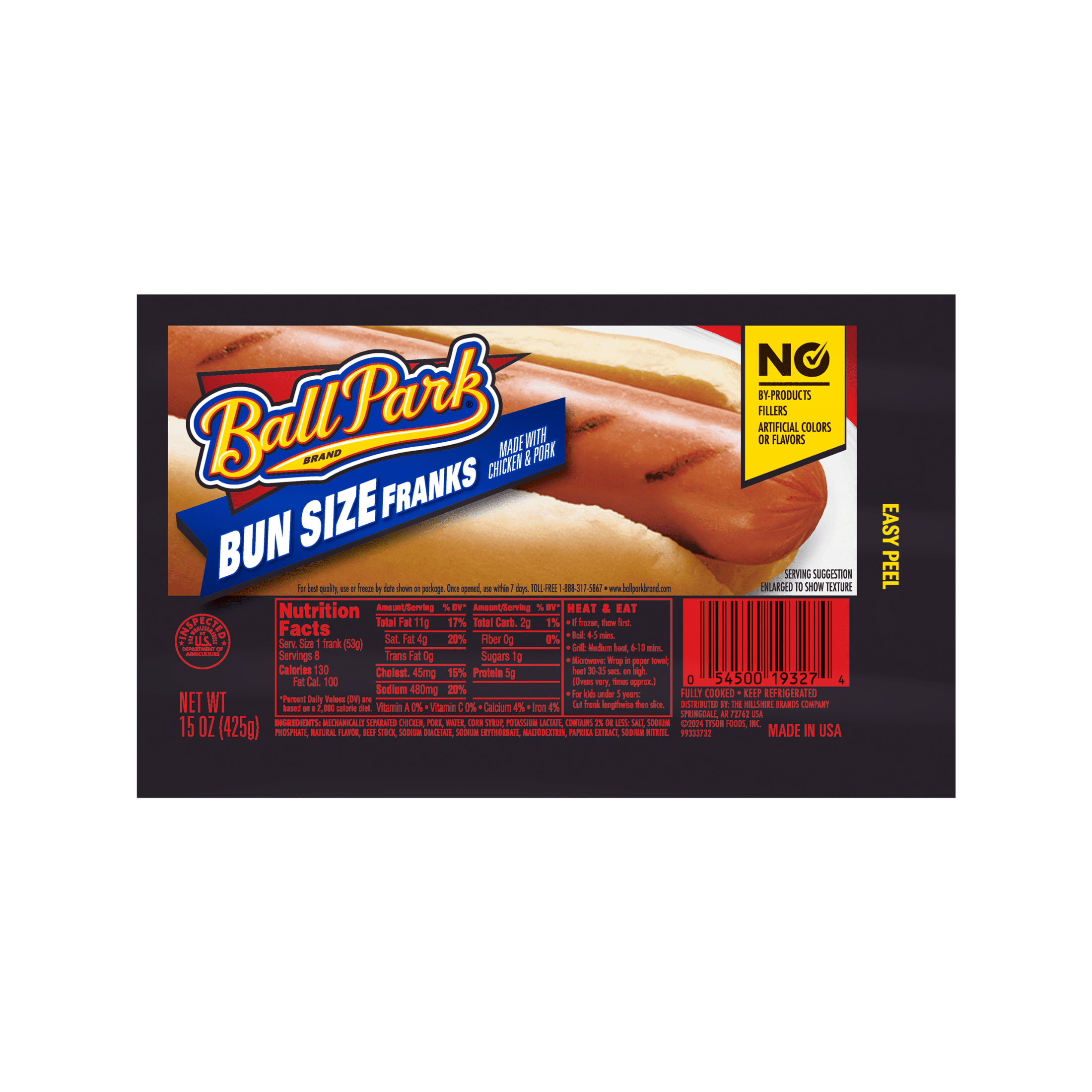 Ball Park, Fully Cooked, Hot Dog Franks, Refrigerated 15 oz Plastic Wrapper