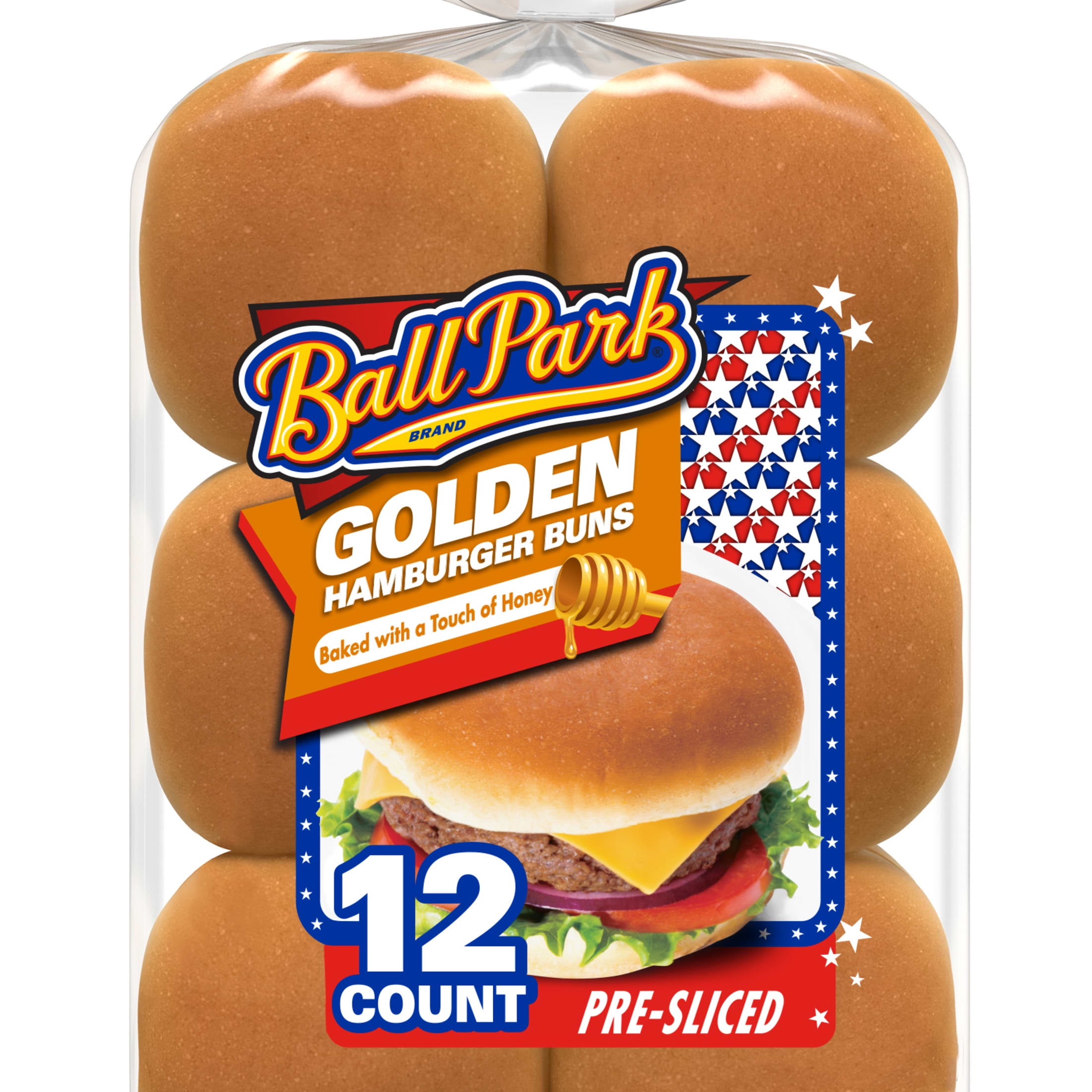 Ball Park Golden Hamburger Buns, 12 count, Honey Pre-sliced Hamburger Buns, 23 oz Bag
