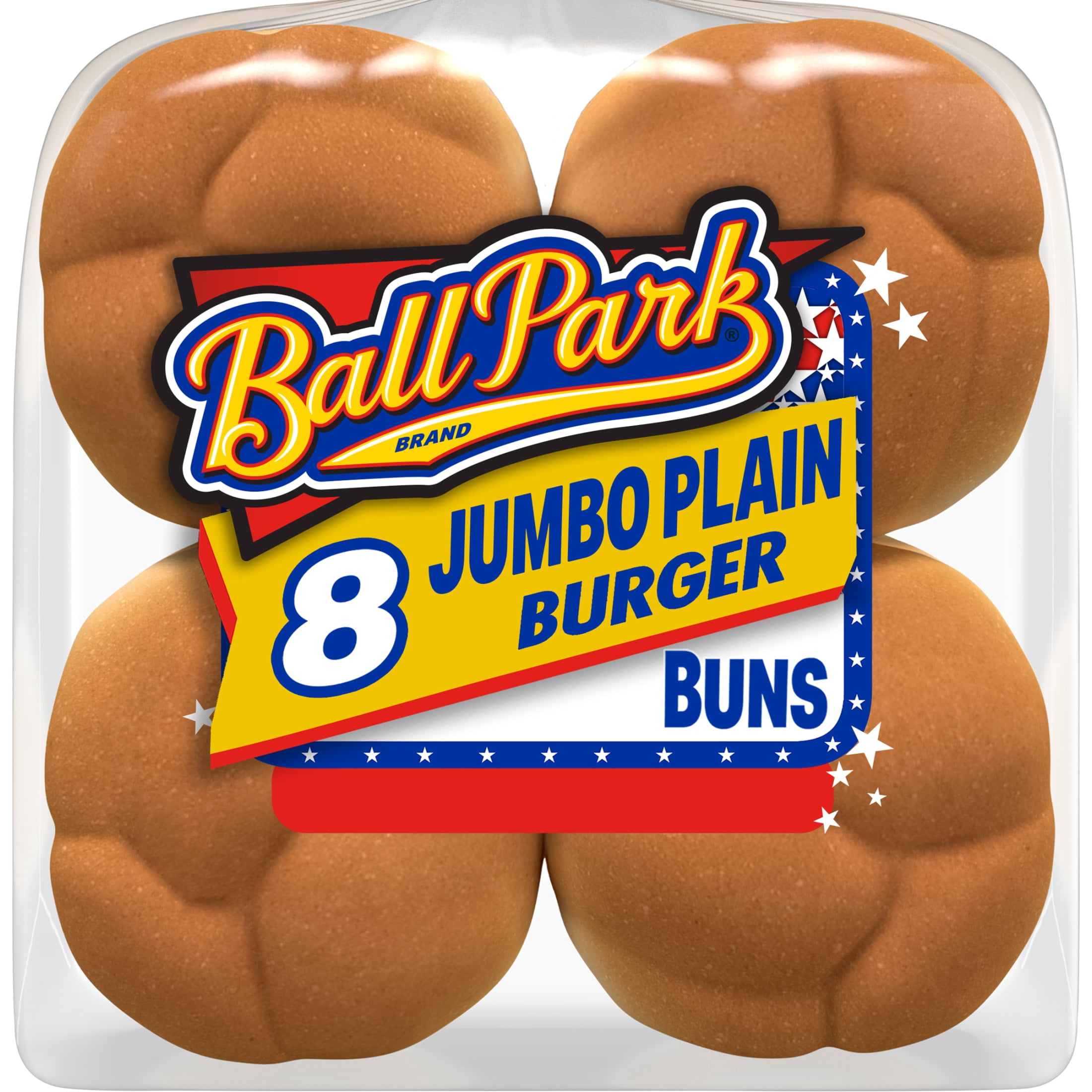 Ball Park Jumbo Plain Burger Buns, 8 count, White Pre-sliced Hamburger Buns, 18.25 oz Bag