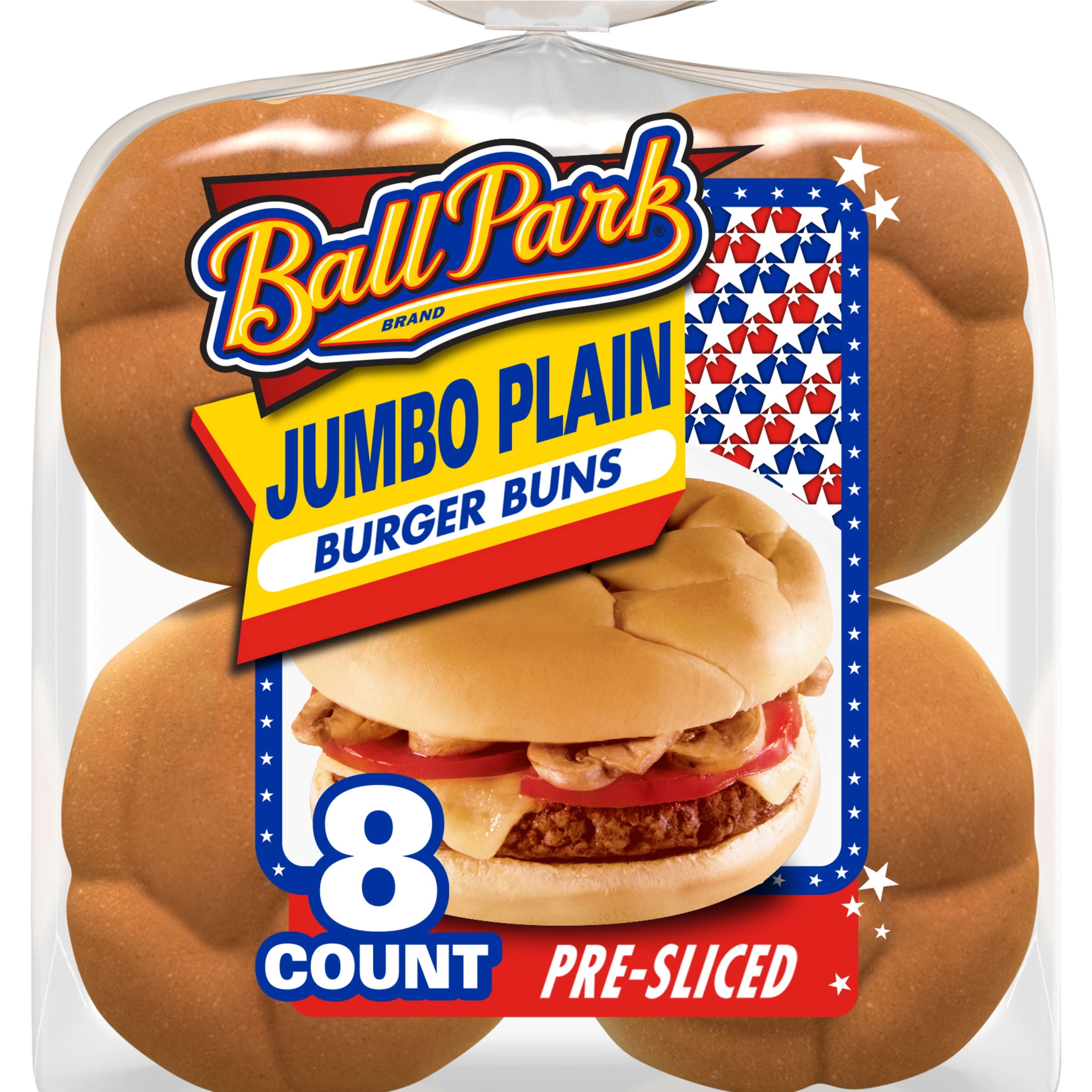 Ball Park Jumbo Plain Burger Buns, 8 count, White Pre-sliced Hamburger Buns, 18.25 oz Bag
