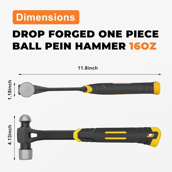 Ball Peen Hammer 16 oz, Drop Forged One Piece Ball Pein Hammer, Metalworking Tool with Forged Steel Construction & Shock Absorbing Grip$$Tools & Hardware Other