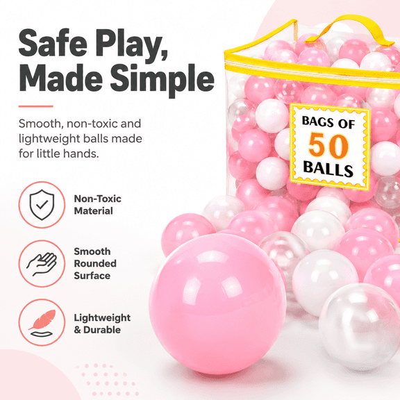 Moncoland 50-Pack Ball Pit Balls for Toddlers, Pink White Clear, with PVC Storage Bag, for Playrooms & More.