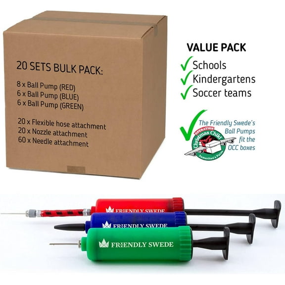 Ball Pump 20-Pack - Hand Pump with Needles and Nozzles for Basketball Soccer Volleyball