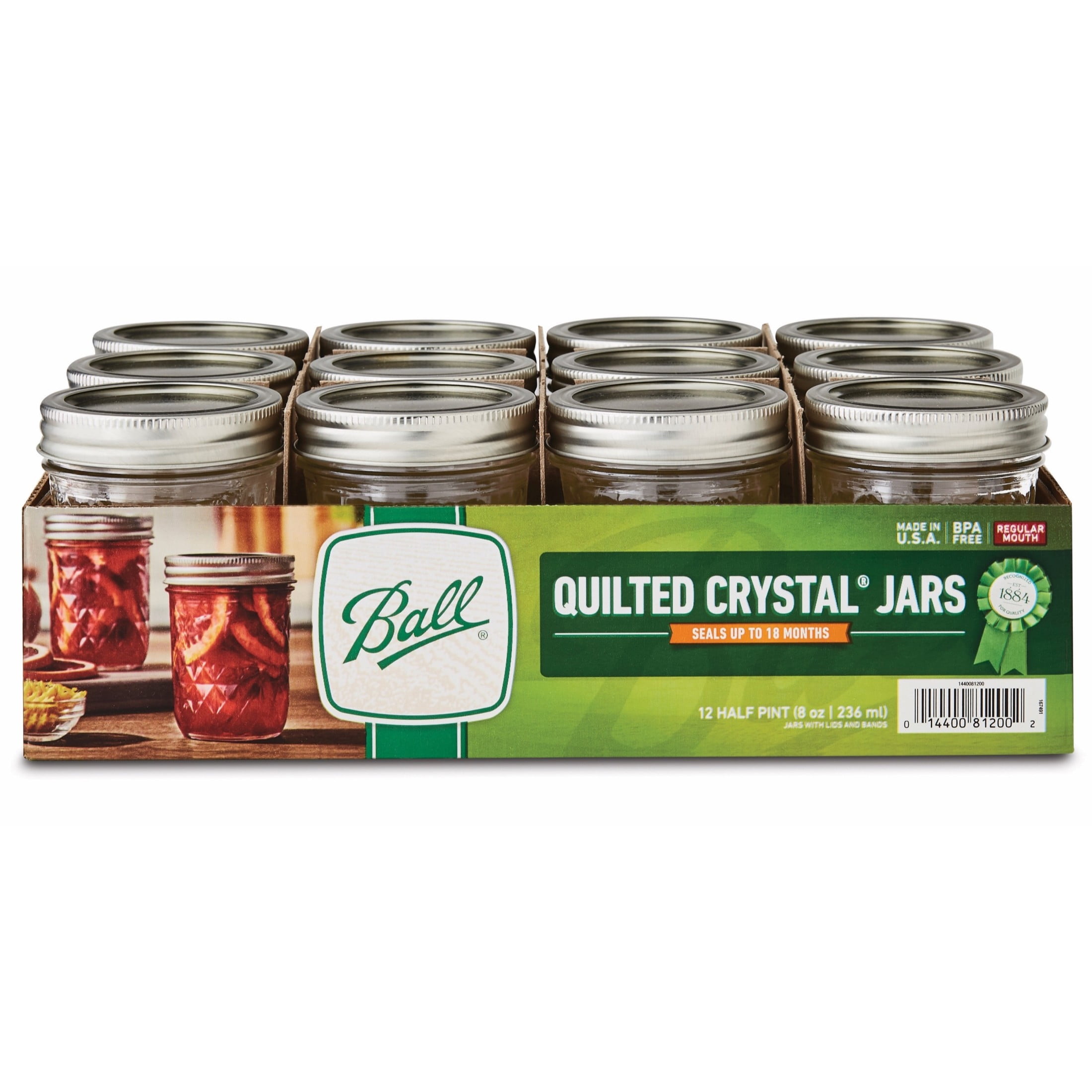 Ball Quilted Crystal Mason Jar w/ Lid & Band, Regular Mouth, 8 Ounces, 12 Count, 4 lb.