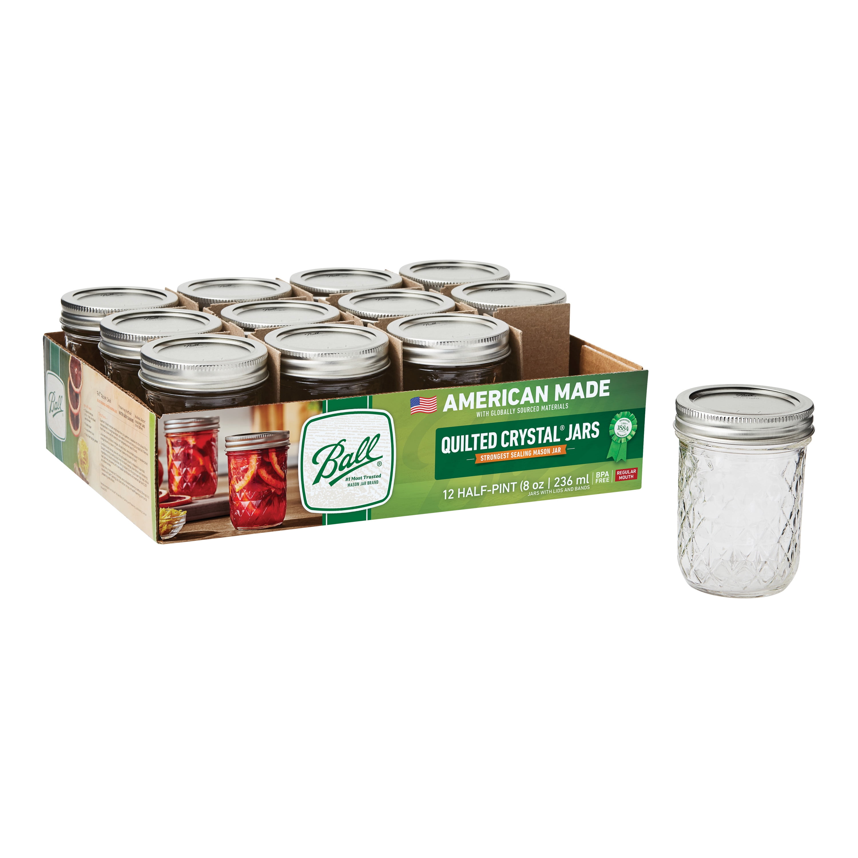Ball Quilted Crystal Mason Jar w/ Lid & Band, Regular Mouth, 8 Ounces, 12 Count, 4 lb.