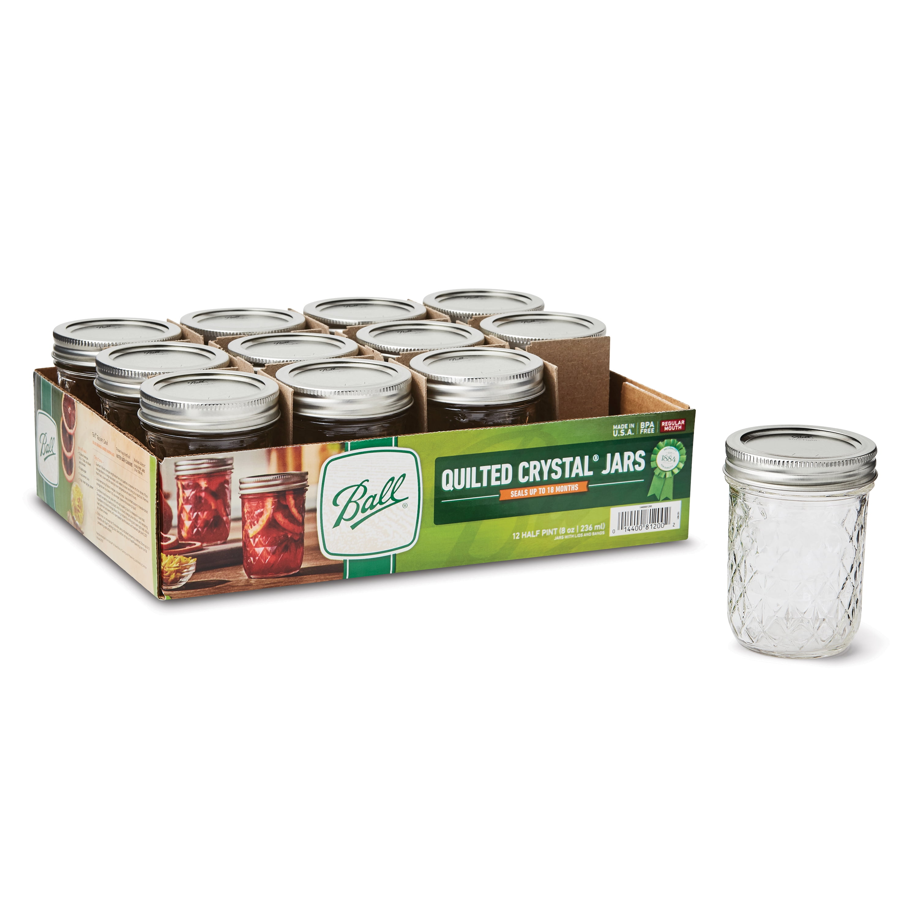 Ball Quilted Crystal Clear Glass Jelly Jars Set, 8 oz, 12 Count
