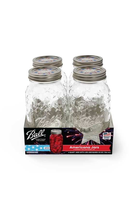 Limited Edition Ball Americana Quart Mason Jar, 32 oz. Regular Mouth Glass Jars, Quart Size Mason Canning Jars, 4 Pack