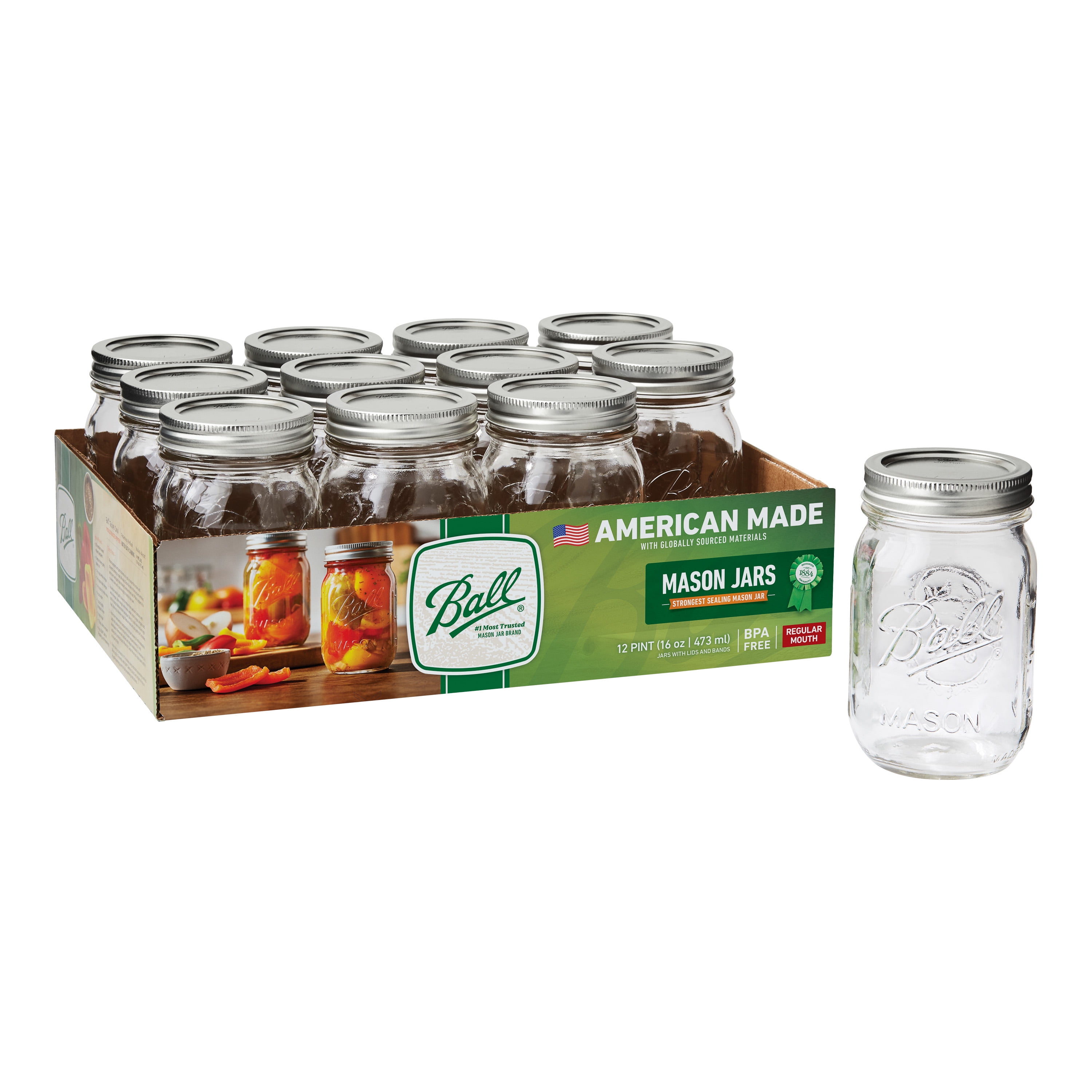 Ball Regular Mouth 16oz Pint Mason Jars with Lids & Bands, 12 Count