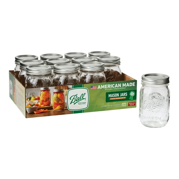 Ball 16 oz Mason Jars Regular Mouth 12pk, Pint Canning Jars with Lids and Rings, Bulk Ball Jars for Canning Jam, Jelly, Tomato Sauce, and Preserves