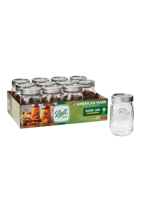 Regular Mouth 16oz Pint Mason Jars with Lids & Bands, 12 Count