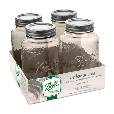 Ball 32 oz Canning Jars 4-Pack, Vintage Colored Mason Jars with Lids and Rings, Regular Mouth, Sand