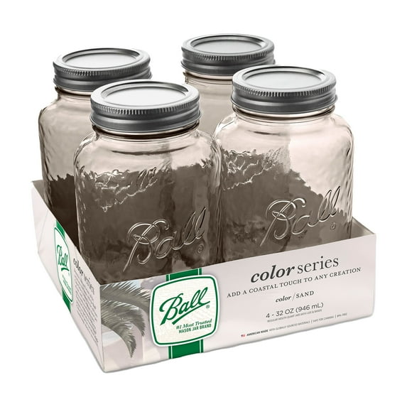 Ball 32 oz Vintage Colored Mason Jars - Sand, Regular Mouth Quart Canning Jars with Lids and Rings, 4-Pack Large Glass Jars for Home Canning and Preserving
