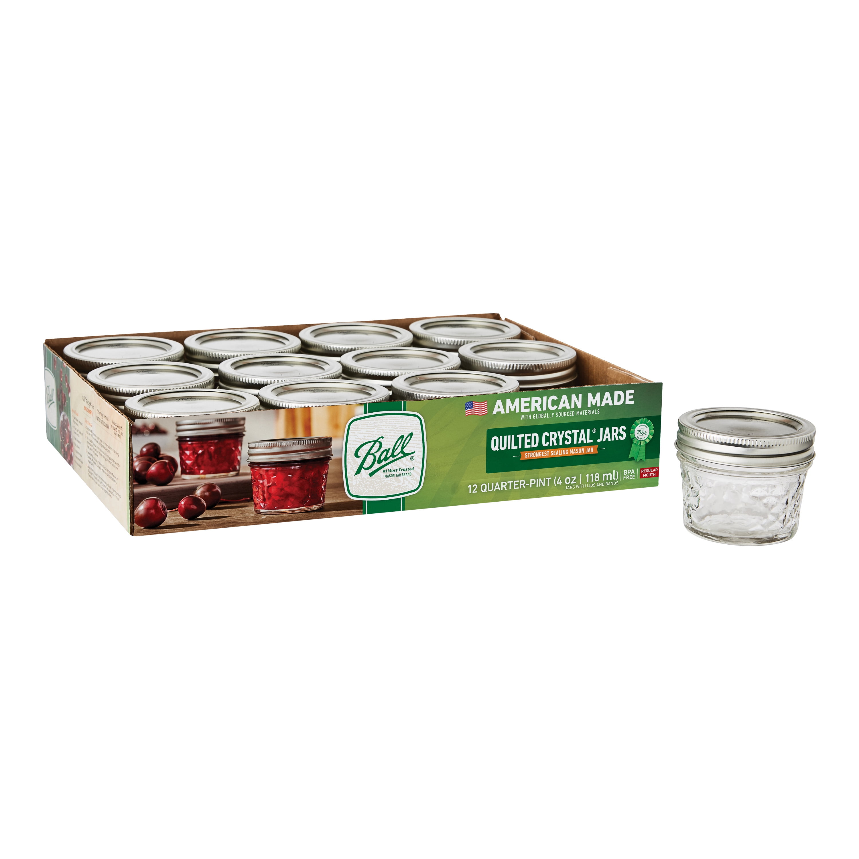 Ball Regular Mouth 4oz Quilted Pint Mason Jars, 12 Count