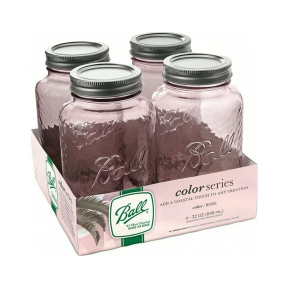 Ball 32 oz Canning Jars 4-Pack, Vintage Colored Mason Jars with Lids and Rings, Regular Mouth, Rose