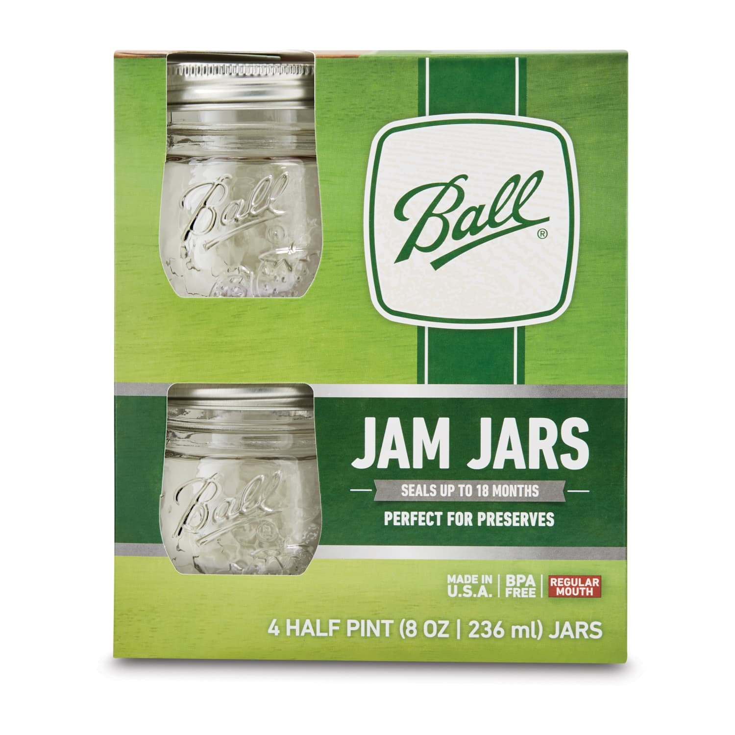 Ball Collection Elite Glass Jam Jar with Lid and Band, Regular Mouth, 8 Ounces, 4 Count