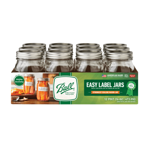 Ball Regular Mouth Easy Label Glass Mason Jars with Lids and Bands, Pint Size 16 oz (Pack of 12)
