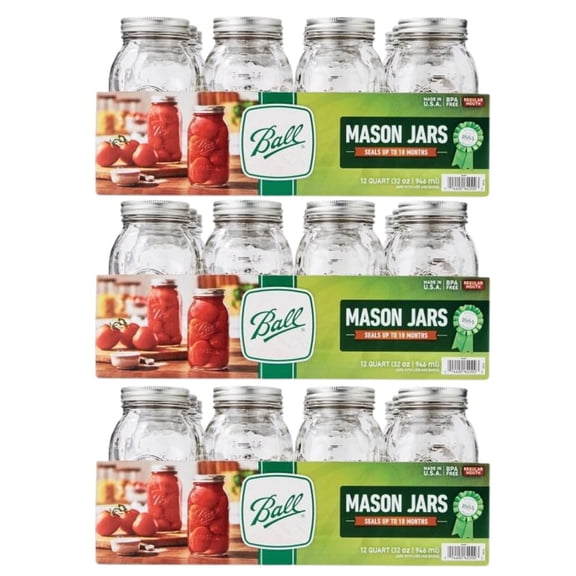 Ball Regular Mouth Glass Mason Jars with Lids and Bands, Used for Canning Quart, 32 Ounce Pack of 36
