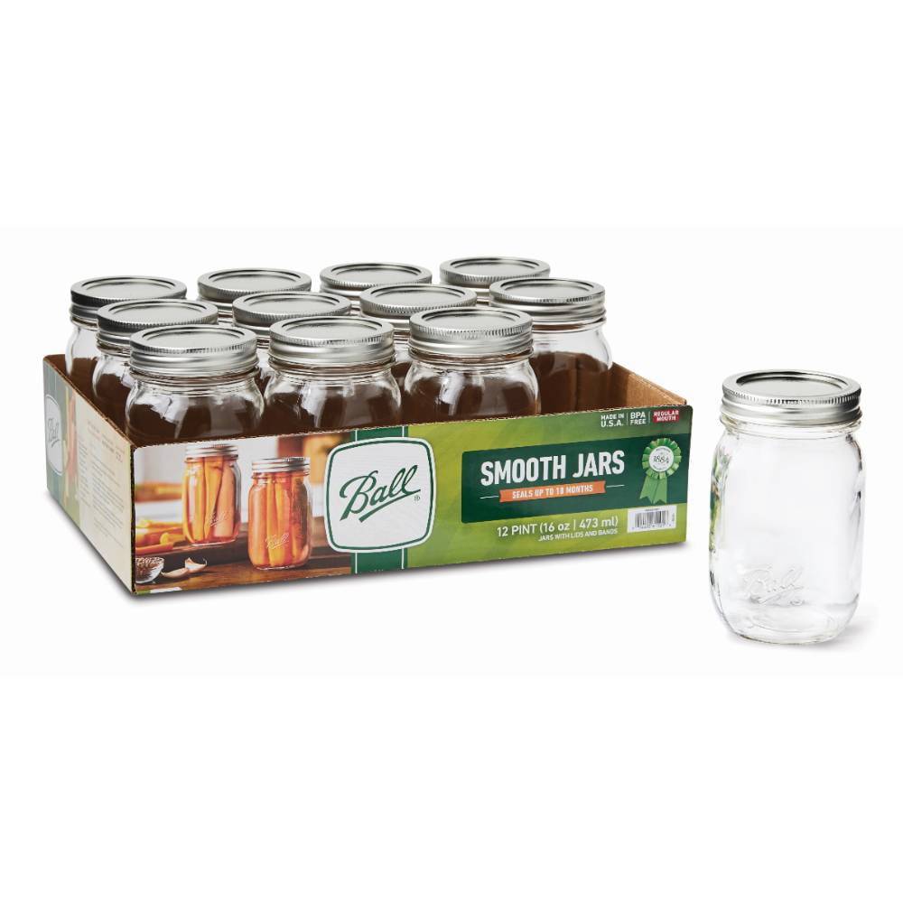 Ball 16oz Clear Glass Regular Mouth Smooth Sided Mason Jars (Silver Vacuum Seal Lid) - 12/Case, Clear Type III BPA Free 70 mm