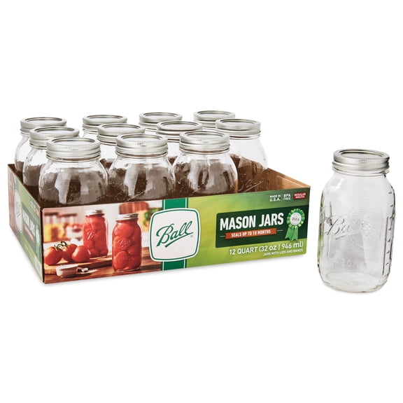 Ball Regular Mouth Quart 32-Oz. Glass Mason Jar with Lids and Bands, 12-Count