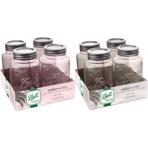 Ball Rose & Sand Vintage Glass Mason Jars, Regular Mouth, Quart Size, 32 OZ, 4-Count, Pack of 2 (8 Jars Total)