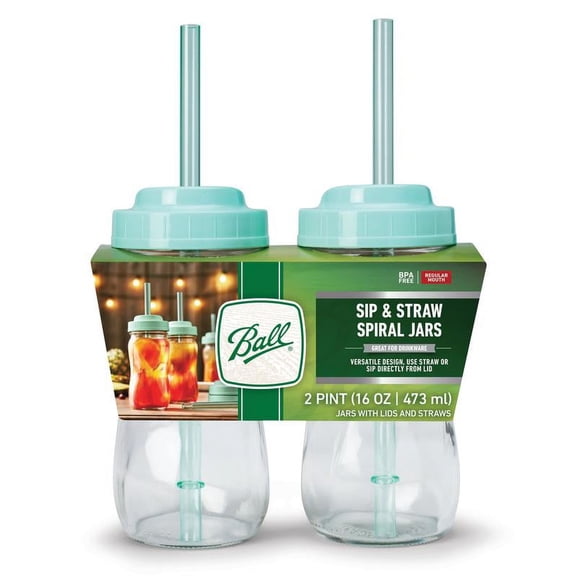 Ball Sip and Straw Spiral Mason Jar | Reusable Straw | 16 oz | 2 Pack | Minty Blue