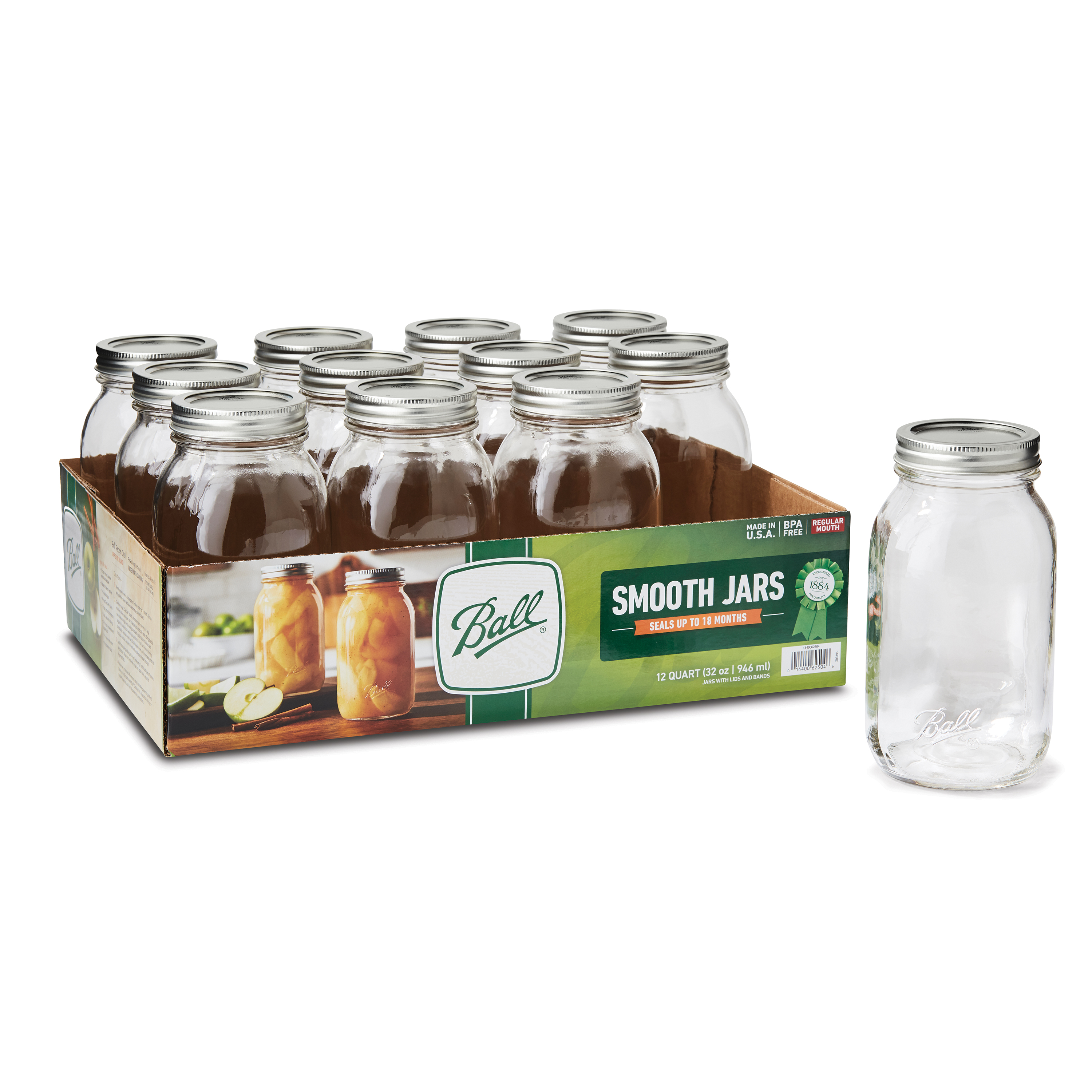 Ball, Smooth Sided Glass Mason Jars with Lids & Bands, Regular Mouth, 32 oz, 12 Count - image 1 of 4