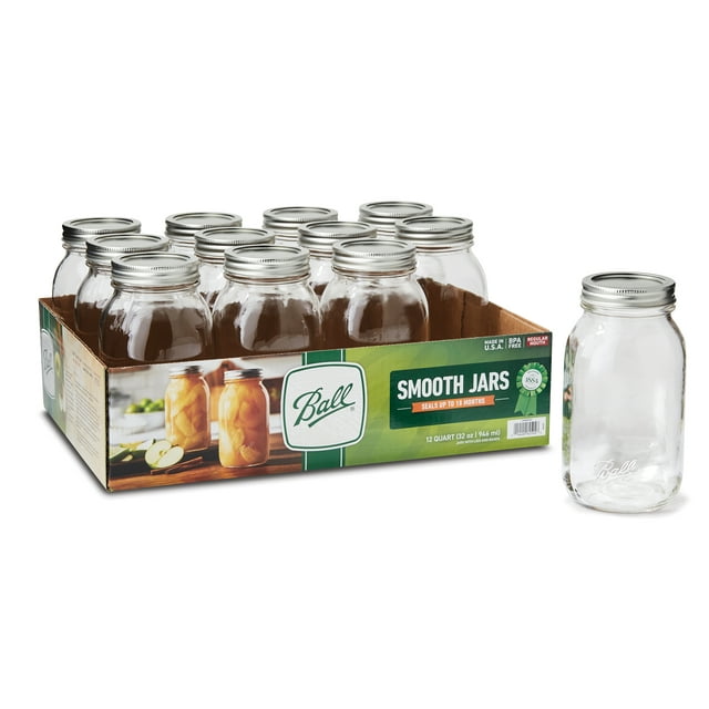 Ball, Smooth Sided Glass Mason Jars with Lids & Bands, Regular Mouth, 32 oz, 12 Count